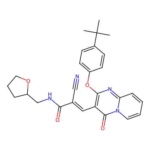 (2E)-3-[2-(4-tert-butylphenoxy)-4-oxo-4H-pyrido[1,2-a]pyrimidin-3-yl]-2-cyano-N-(tetrahydrofuran-2-ylmethyl)prop-2-enamide structure