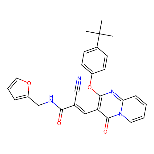 (2E)-3-[2-(4-tert-butylphenoxy)-4-oxo-4H-pyrido[1,2-a]pyrimidin-3-yl]-2-cyano-N-(furan-2-ylmethyl)prop-2-enamide structure