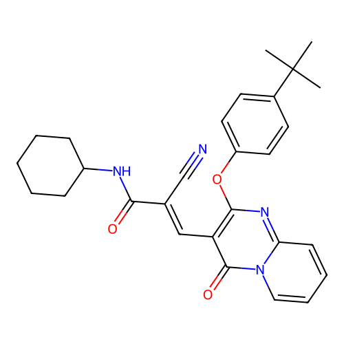 (2E)-3-[2-(4-tert-butylphenoxy)-4-oxo-4H-pyrido[1,2-a]pyrimidin-3-yl]-2-cyano-N-cyclohexylprop-2-enamide structure