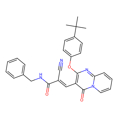 (2E)-N-benzyl-3-[2-(4-tert-butylphenoxy)-4-oxo-4H-pyrido[1,2-a]pyrimidin-3-yl]-2-cyanoprop-2-enamide structure
