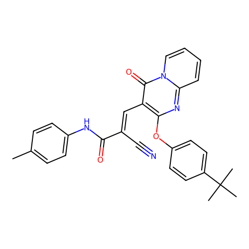 (2E)-3-[2-(4-tert-butylphenoxy)-4-oxo-4H-pyrido[1,2-a]pyrimidin-3-yl]-2-cyano-N-(4-methylphenyl)prop-2-enamide structure