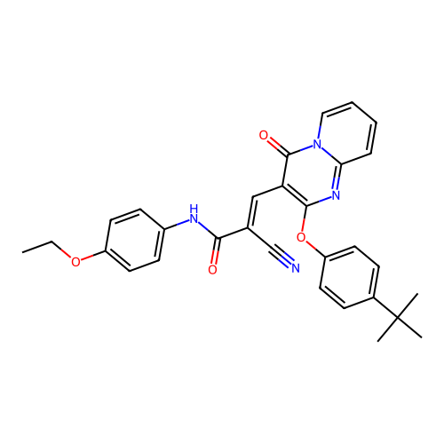 (2E)-3-[2-(4-tert-butylphenoxy)-4-oxo-4H-pyrido[1,2-a]pyrimidin-3-yl]-2-cyano-N-(4-ethoxyphenyl)prop-2-enamide structure