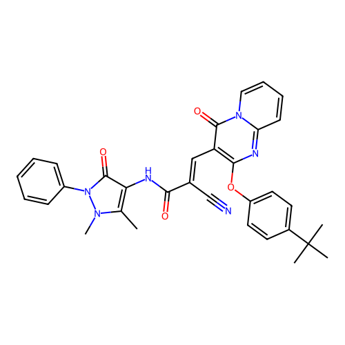 (E)-3-(2-(4-(tert-butyl)phenoxy)-4-oxo-4H-pyrido[1,2-a]pyrimidin-3-yl)-2-cyano-N-(1,5-dimethyl-3-oxo-2-phenyl-2,3-dihydro-1H-pyrazol-4-yl)acrylamide structure