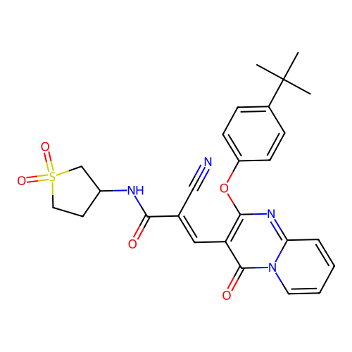 (2E)-3-[2-(4-tert-butylphenoxy)-4-oxo-4H-pyrido[1,2-a]pyrimidin-3-yl]-2-cyano-N-(1,1-dioxidotetrahydrothiophen-3-yl)prop-2-enamide structure