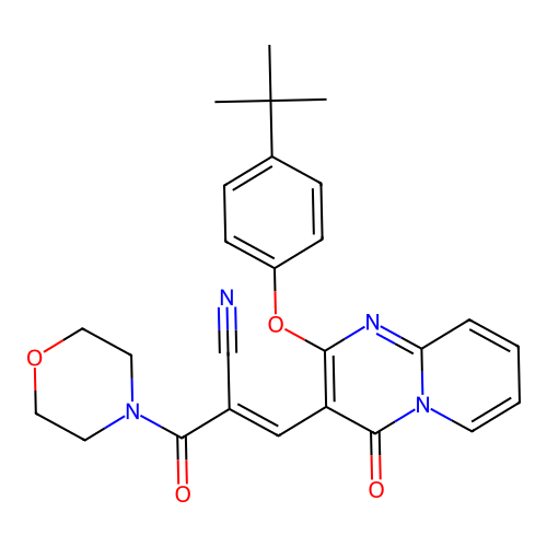 (2E)-3-[2-(4-tert-butylphenoxy)-4-oxo-4H-pyrido[1,2-a]pyrimidin-3-yl]-2-(morpholin-4-ylcarbonyl)prop-2-enenitrile structure