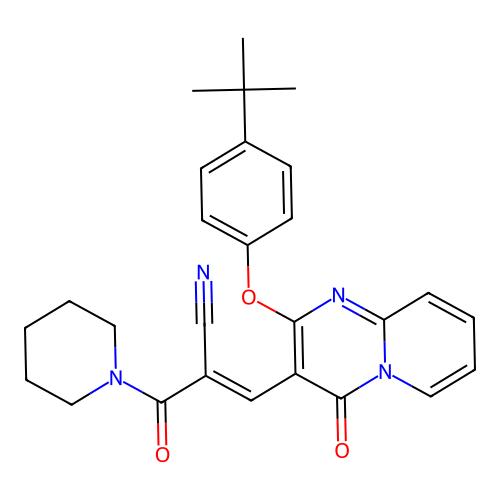 (2E)-3-[2-(4-tert-butylphenoxy)-4-oxo-4H-pyrido[1,2-a]pyrimidin-3-yl]-2-(piperidin-1-ylcarbonyl)prop-2-enenitrile structure