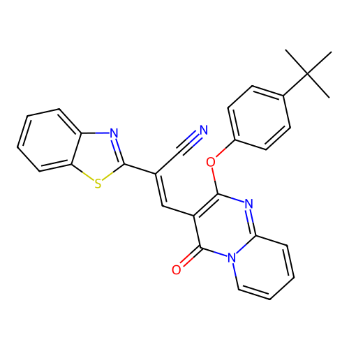 (2E)-2-(1,3-benzothiazol-2-yl)-3-[2-(4-tert-butylphenoxy)-4-oxo-4H-pyrido[1,2-a]pyrimidin-3-yl]prop-2-enenitrile structure