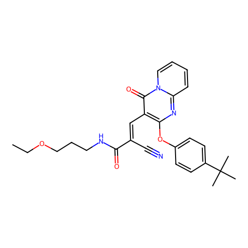 (2E)-3-[2-(4-tert-butylphenoxy)-4-oxo-4H-pyrido[1,2-a]pyrimidin-3-yl]-2-cyano-N-(3-ethoxypropyl)prop-2-enamide structure