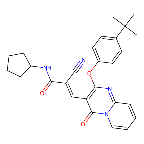 (2E)-3-[2-(4-tert-butylphenoxy)-4-oxo-4H-pyrido[1,2-a]pyrimidin-3-yl]-2-cyano-N-cyclopentylprop-2-enamide structure