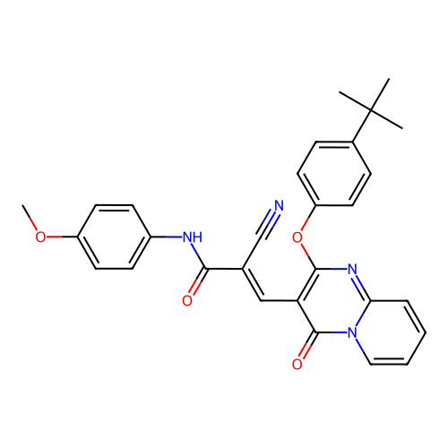 (2E)-3-[2-(4-tert-butylphenoxy)-4-oxo-4H-pyrido[1,2-a]pyrimidin-3-yl]-2-cyano-N-(4-methoxyphenyl)prop-2-enamide structure