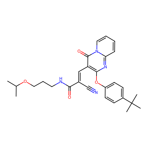 (2E)-3-[2-(4-tert-butylphenoxy)-4-oxo-4H-pyrido[1,2-a]pyrimidin-3-yl]-2-cyano-N-[3-(propan-2-yloxy)propyl]prop-2-enamide structure