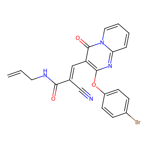 (2E)-3-[2-(4-bromophenoxy)-4-oxo-4H-pyrido[1,2-a]pyrimidin-3-yl]-2-cyano-N-(prop-2-en-1-yl)prop-2-enamide structure