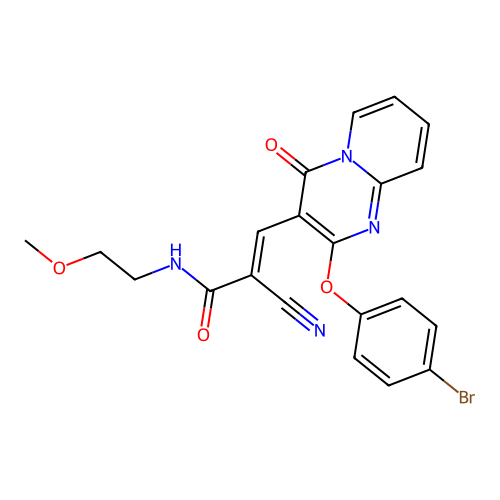 (2E)-3-[2-(4-bromophenoxy)-4-oxo-4H-pyrido[1,2-a]pyrimidin-3-yl]-2-cyano-N-(2-methoxyethyl)prop-2-enamide structure