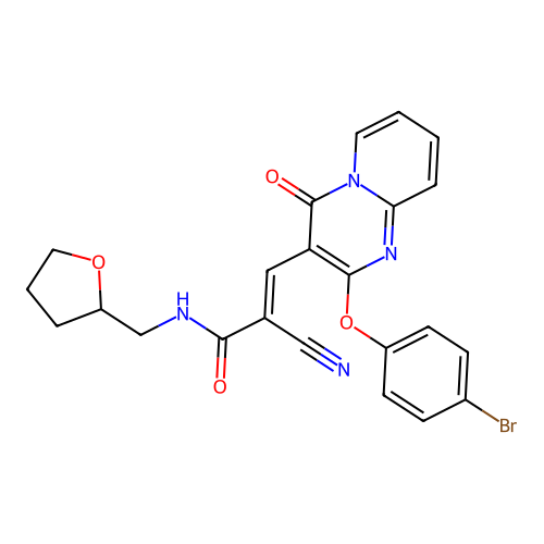 (2E)-3-[2-(4-bromophenoxy)-4-oxo-4H-pyrido[1,2-a]pyrimidin-3-yl]-2-cyano-N-(tetrahydrofuran-2-ylmethyl)prop-2-enamide structure