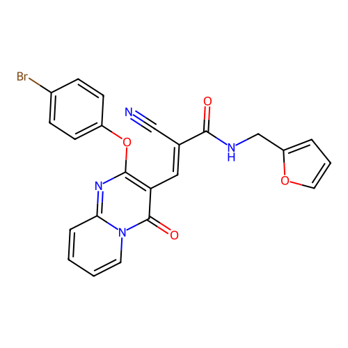(2E)-3-[2-(4-bromophenoxy)-4-oxo-4H-pyrido[1,2-a]pyrimidin-3-yl]-2-cyano-N-(furan-2-ylmethyl)prop-2-enamide structure