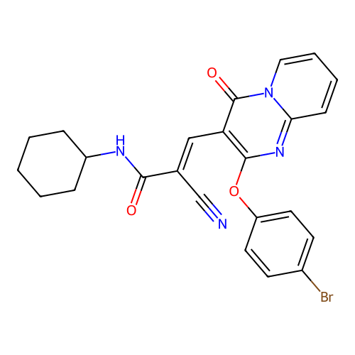 (2E)-3-[2-(4-bromophenoxy)-4-oxo-4H-pyrido[1,2-a]pyrimidin-3-yl]-2-cyano-N-cyclohexylprop-2-enamide structure