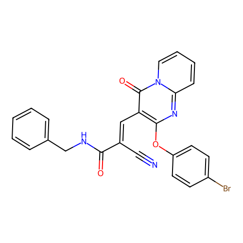 (2E)-N-benzyl-3-[2-(4-bromophenoxy)-4-oxo-4H-pyrido[1,2-a]pyrimidin-3-yl]-2-cyanoprop-2-enamide structure