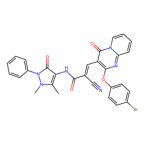 (E)-3-(2-(4-bromophenoxy)-4-oxo-4H-pyrido[1,2-a]pyrimidin-3-yl)-2-cyano-N-(1,5-dimethyl-3-oxo-2-phenyl-2,3-dihydro-1H-pyrazol-4-yl)acrylamide structure