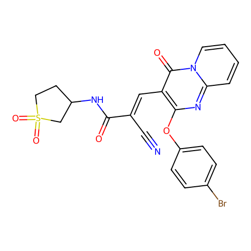 (2E)-3-[2-(4-bromophenoxy)-4-oxo-4H-pyrido[1,2-a]pyrimidin-3-yl]-2-cyano-N-(1,1-dioxidotetrahydrothiophen-3-yl)prop-2-enamide structure