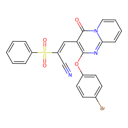 (2E)-3-[2-(4-bromophenoxy)-4-oxo-4H-pyrido[1,2-a]pyrimidin-3-yl]-2-(phenylsulfonyl)prop-2-enenitrile structure