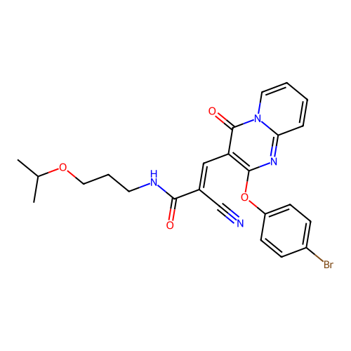 (2E)-3-[2-(4-bromophenoxy)-4-oxo-4H-pyrido[1,2-a]pyrimidin-3-yl]-2-cyano-N-[3-(propan-2-yloxy)propyl]prop-2-enamide structure