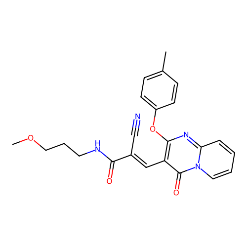 (2E)-2-cyano-N-(3-methoxypropyl)-3-[2-(4-methylphenoxy)-4-oxo-4H-pyrido[1,2-a]pyrimidin-3-yl]prop-2-enamide structure