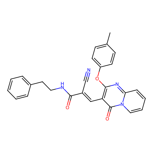 (2E)-2-cyano-3-[2-(4-methylphenoxy)-4-oxo-4H-pyrido[1,2-a]pyrimidin-3-yl]-N-(2-phenylethyl)prop-2-enamide structure