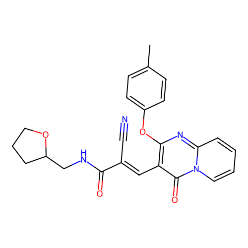 (2E)-2-cyano-3-[2-(4-methylphenoxy)-4-oxo-4H-pyrido[1,2-a]pyrimidin-3-yl]-N-(tetrahydrofuran-2-ylmethyl)prop-2-enamide structure