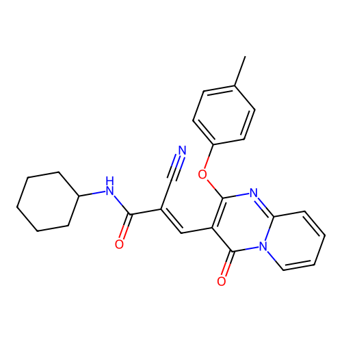 (2E)-2-cyano-N-cyclohexyl-3-[2-(4-methylphenoxy)-4-oxo-4H-pyrido[1,2-a]pyrimidin-3-yl]prop-2-enamide structure