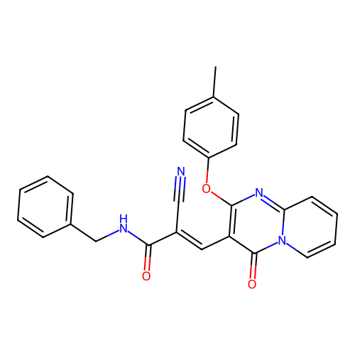 (2E)-N-benzyl-2-cyano-3-[2-(4-methylphenoxy)-4-oxo-4H-pyrido[1,2-a]pyrimidin-3-yl]prop-2-enamide structure