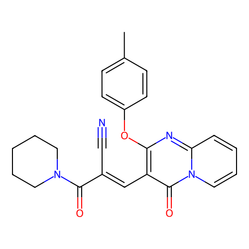 (2E)-3-[2-(4-methylphenoxy)-4-oxo-4H-pyrido[1,2-a]pyrimidin-3-yl]-2-(piperidin-1-ylcarbonyl)prop-2-enenitrile structure