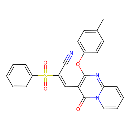 (2E)-2-(BENZENESULFONYL)-3-[2-(4-METHYLPHENOXY)-4-OXO-4H-PYRIDO[1,2-A]PYRIMIDIN-3-YL]PROP-2-ENENITRILE structure