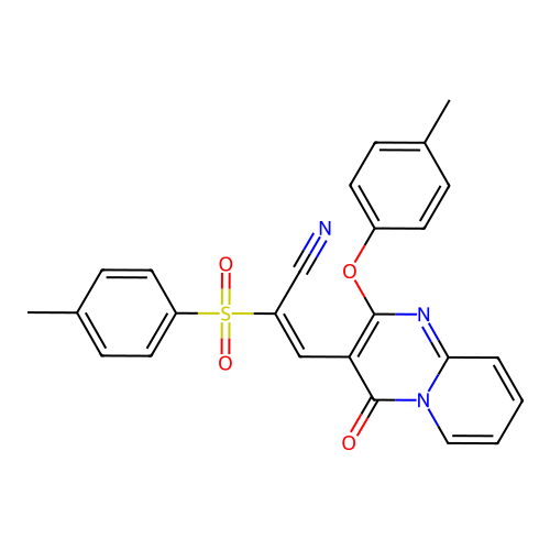 (E)-3-(4-oxo-2-(p-tolyloxy)-4H-pyrido[1,2-a]pyrimidin-3-yl)-2-tosylacrylonitrile structure