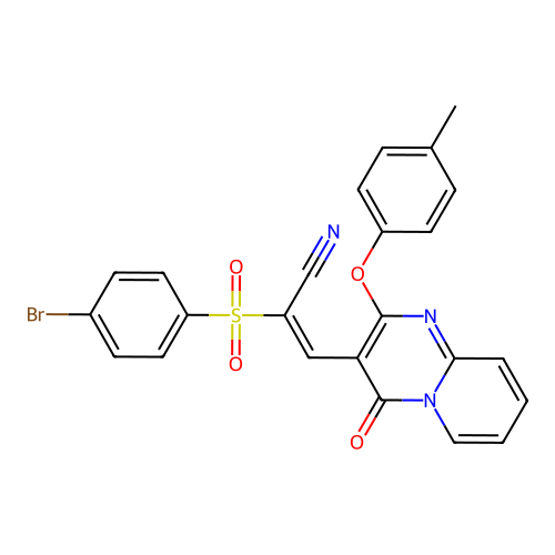 (2E)-2-[(4-bromophenyl)sulfonyl]-3-[2-(4-methylphenoxy)-4-oxo-4H-pyrido[1,2-a]pyrimidin-3-yl]prop-2-enenitrile structure