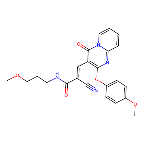 (2E)-2-cyano-3-[2-(4-methoxyphenoxy)-4-oxo-4H-pyrido[1,2-a]pyrimidin-3-yl]-N-(3-methoxypropyl)prop-2-enamide structure