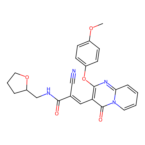 (2E)-2-cyano-3-[2-(4-methoxyphenoxy)-4-oxo-4H-pyrido[1,2-a]pyrimidin-3-yl]-N-(tetrahydrofuran-2-ylmethyl)prop-2-enamide structure