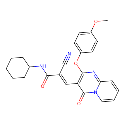 (2E)-2-cyano-N-cyclohexyl-3-[2-(4-methoxyphenoxy)-4-oxo-4H-pyrido[1,2-a]pyrimidin-3-yl]prop-2-enamide structure