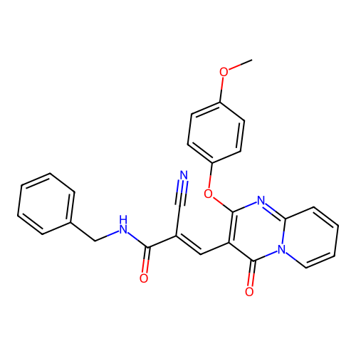 (2E)-N-benzyl-2-cyano-3-[2-(4-methoxyphenoxy)-4-oxo-4H-pyrido[1,2-a]pyrimidin-3-yl]prop-2-enamide structure