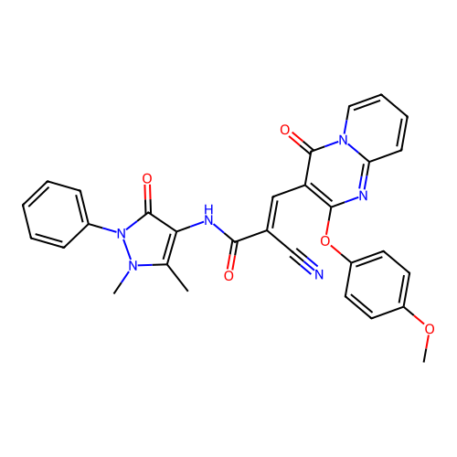 (2E)-2-cyano-N-(1,5-dimethyl-3-oxo-2-phenyl-2,3-dihydro-1H-pyrazol-4-yl)-3-[2-(4-methoxyphenoxy)-4-oxo-4H-pyrido[1,2-a]pyrimidin-3-yl]prop-2-enamide structure