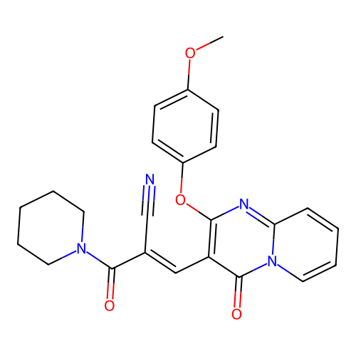 (2E)-3-[2-(4-methoxyphenoxy)-4-oxo-4H-pyrido[1,2-a]pyrimidin-3-yl]-2-(piperidin-1-ylcarbonyl)prop-2-enenitrile structure