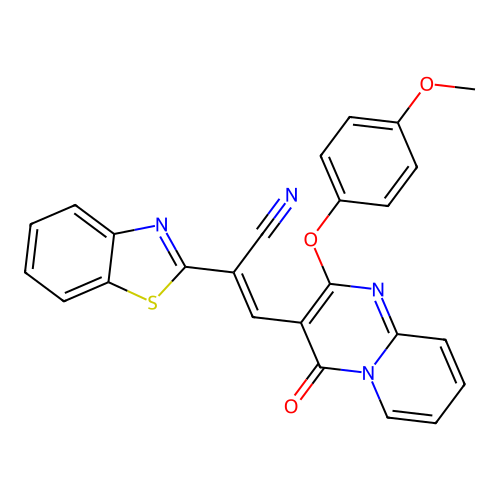 (2E)-2-(1,3-benzothiazol-2-yl)-3-[2-(4-methoxyphenoxy)-4-oxo-4H-pyrido[1,2-a]pyrimidin-3-yl]prop-2-enenitrile structure