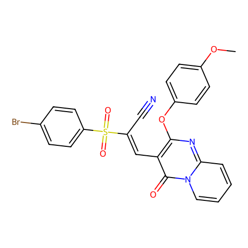 (2E)-2-[(4-bromophenyl)sulfonyl]-3-[2-(4-methoxyphenoxy)-4-oxo-4H-pyrido[1,2-a]pyrimidin-3-yl]prop-2-enenitrile structure