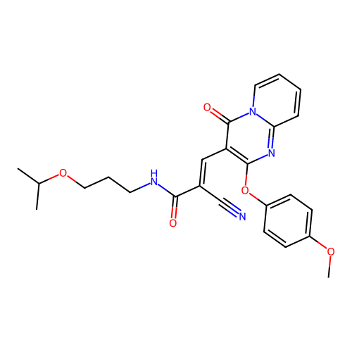 (2E)-2-cyano-3-[2-(4-methoxyphenoxy)-4-oxo-4H-pyrido[1,2-a]pyrimidin-3-yl]-N-[3-(propan-2-yloxy)propyl]prop-2-enamide structure