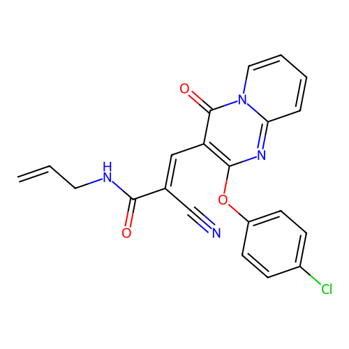 (2E)-3-[2-(4-chlorophenoxy)-4-oxo-4H-pyrido[1,2-a]pyrimidin-3-yl]-2-cyano-N-(prop-2-en-1-yl)prop-2-enamide structure
