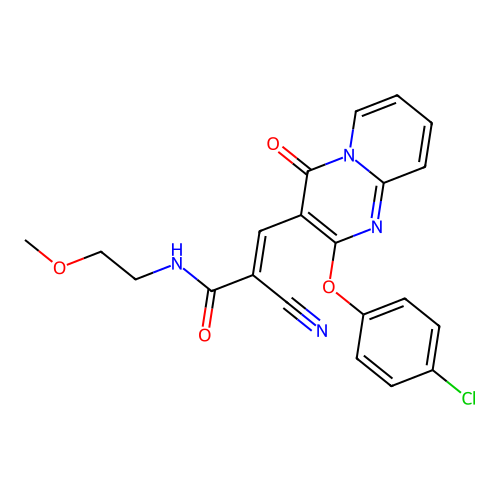 (2E)-3-[2-(4-chlorophenoxy)-4-oxo-4H-pyrido[1,2-a]pyrimidin-3-yl]-2-cyano-N-(2-methoxyethyl)prop-2-enamide structure