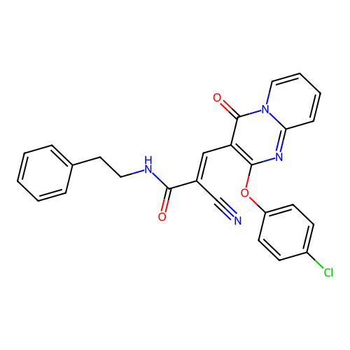 (2E)-3-[2-(4-chlorophenoxy)-4-oxo-4H-pyrido[1,2-a]pyrimidin-3-yl]-2-cyano-N-(2-phenylethyl)prop-2-enamide structure