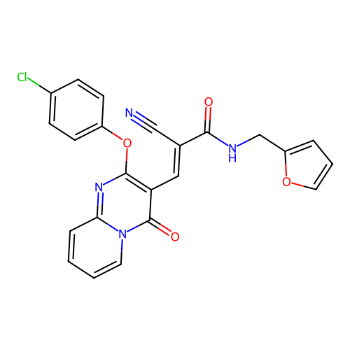 (2E)-3-[2-(4-chlorophenoxy)-4-oxo-4H-pyrido[1,2-a]pyrimidin-3-yl]-2-cyano-N-(furan-2-ylmethyl)prop-2-enamide structure