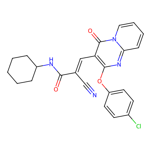 (2E)-3-[2-(4-chlorophenoxy)-4-oxo-4H-pyrido[1,2-a]pyrimidin-3-yl]-2-cyano-N-cyclohexylprop-2-enamide structure