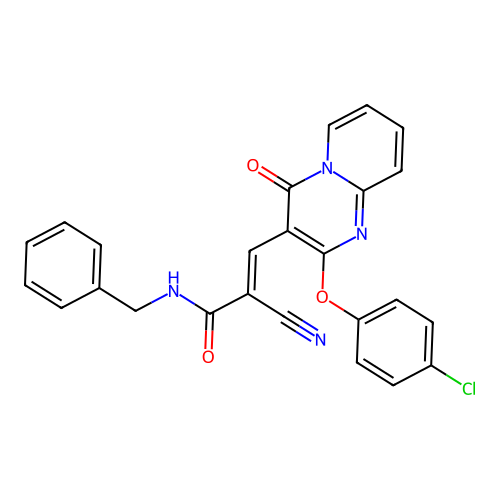 (2E)-N-benzyl-3-[2-(4-chlorophenoxy)-4-oxo-4H-pyrido[1,2-a]pyrimidin-3-yl]-2-cyanoprop-2-enamide structure
