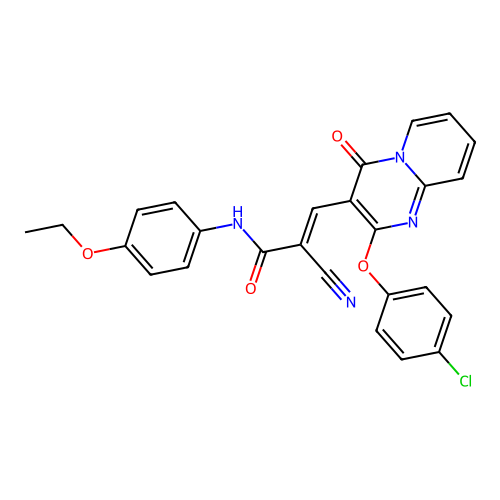 (2E)-3-[2-(4-chlorophenoxy)-4-oxo-4H-pyrido[1,2-a]pyrimidin-3-yl]-2-cyano-N-(4-ethoxyphenyl)prop-2-enamide structure